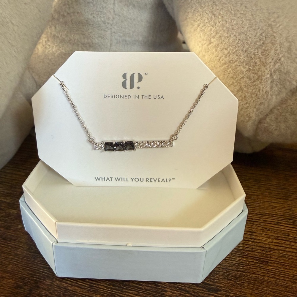 bp Silver Bar Necklace with Black and Clear Stones